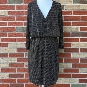 Trina Turk Metallic Striped V-neck Black Gold Silver Long Sleeve Dress 👗
